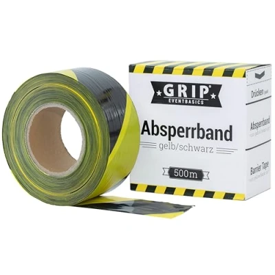 Abbildung von GRIP Eventbasics Absperrband schwarz gelb gestreift 500 m x 70 mm, nicht klebend LDPE Flatterband im praktischen Abrollkarton Markierungsband für Gefahrenbereiche, Baustellenabsperrungen