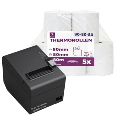 Abbildung von Thermorollen 80mm x 80m 12mm Kassenrollen Bonrollen für Registrierkasse Bondrucker Thermopapier BPA Frei (Large 80x80x12 80 Meter 5 Rollen)