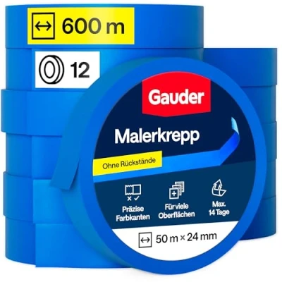Abbildung von GAUDER Malerkrepp (24 mm x 50 m) 12x Kreppband für Malerarbeiten und Renovierungen Abklebeband zum Streichen, Lackieren, Renovieren
