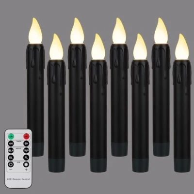 Abbildung von FREEPOWER 8er Schwarz LED Stabkerzen mit Fernbedienung Timer Flackern, Batteriebetrieben Flammenlose Tafelkerzen Warmweiß Dimmbar Halloween Deko, Outdoor Wasserdicht, 2 x 17cm