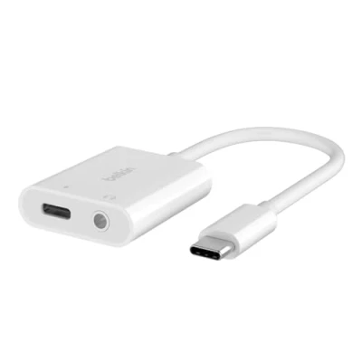 Abbildung von Belkin Rockstar™ 3,5 mm Audio + USB C® Ladeadapter, Kopfhörer Adapter, Schnellladen mit C Power Delivery, 60 W, u. a. für iPhone 15, iPad Pro, Galaxy, Note, Google Pixel, LG, Sony Xperia, Weiß