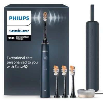 Abbildung von Philips Sonicare DiamondClean 9900 Prestige elektrische Zahnbürste, mit SenseIQ Technologie und App, 5 Putzmodi, 3 Intensitätsstufen, Ladeetui, dunkelblau, Modell HX9992/45