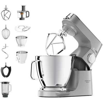 Abbildung von Kenwood Titanium Chef Baker XL KVL85.424SI Küchenmaschine mit integrierter Waage &amp; 2 Rührschüsseln, 1200 Watt, inkl. 4 teiligem Patisserie Set, Glas Mixaufsatz Zerkleinerer, Silber