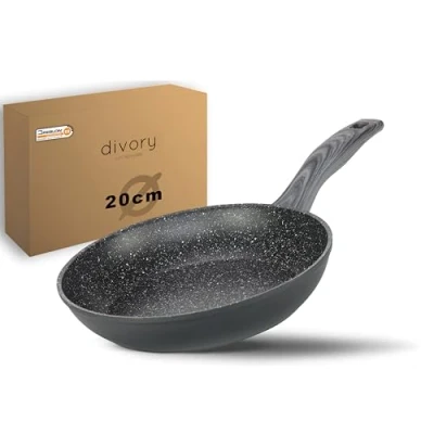 Abbildung von DIVORY Bratpfanne 20cm Induktion Antihaft Beschichtete kleine Universalpfanne für alle Herdarten Sichere Griffe, Spülmaschinen geeignet (Graues Holz, 20cm)