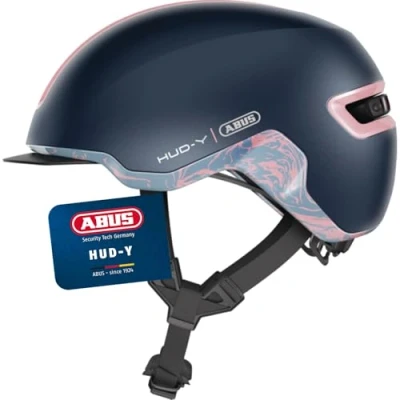 Abbildung von ABUS Urban Helm HUD Y mit magnetischem, aufladbarem LED Rücklicht &amp; Magnetverschluss cooler Fahrradhelm für den Alltag Damen und Herren Blau/Pink Matt, Größe S, S (51 55 cm)