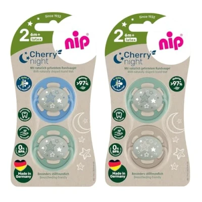 Abbildung von NIP Cherry Rundsauger Schnuller night Gr.2, ab 6+ Monate, Black &amp; Milky White, leuchtet im Dunkeln