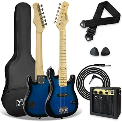 Abbildung von 3rd Avenue E Gitarrenset für Kinder in 1/4 Größe, Junior Gitarre Anfänger mit 6 Monate KOSTENLOSEM Unterricht, tragbarem Verstärker 5 W, Kabel, Tasche, Plektren und Gurt Blau