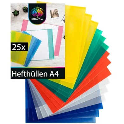 Abbildung von OfficeTree 25x Hefthüllen A4 Bunt Heftumschläge Umschläge Heft Heftschoner DIN Heftumschlag Hefthülle für Schulhefte Dokumentenecht Made in Germany
