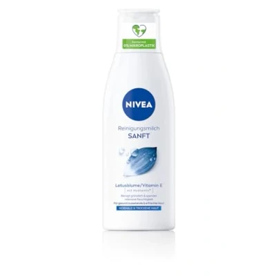 Abbildung von NIVEA Sanfte Reinigungsmilch für normale und trockene Haut, Make Up Entferner reinigt gründlich, milde Gesichtsreinigung entfernt wasserfeste Mascara, Cleanser mit Vitamin E (200 ml)
