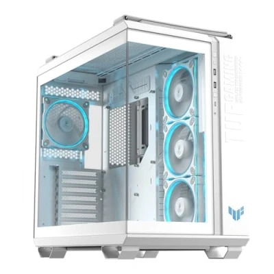 Abbildung von ASUS TUF Gaming GT502 Horizon TG ARGB White modulares Zweikammer Gehäuse (Panoramadesign, 4 vorinstallierte Lüfter, Front Panel High Speed USB Type C, weiß)
