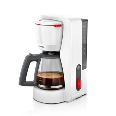 Abbildung von Bosch Filterkaffeemaschine MyMoment TKA3M131, Glaskanne 1,25 L, für 10 15 Tassen, 60min Warmhaltefunktion, Tropfstopp, schwenkbarer Filterträger, Entkalkungsprogramm, 1200 Watt, Weiß matt