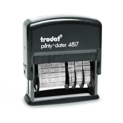 Abbildung von Trodat Printy 4817 Wortbandstempel mit Datum in schwarz, 12 Office Texte durch Drehen wechselbar, Deutsch, Schrifthöhe 3,8 mm, Abdruck 47x4 Stempelkissen selbstfärbend