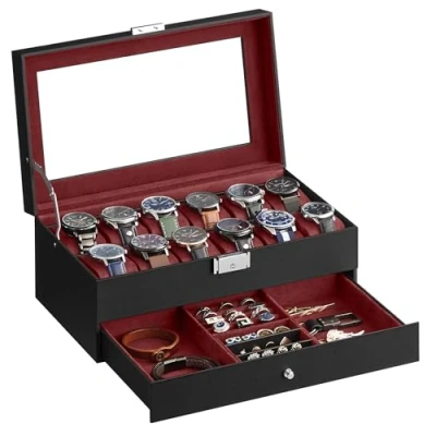 Abbildung von SONGMICS Uhrenbox, Uhrenkasten mit Glasdeckel, 2 Ebenen, für 12 Uhr, abschließbar, 1 Schublade, Ringe, Armbänder, Geschenkidee, PU Bezug in Schwarz, Innenfutter Weinrot JWB012R01
