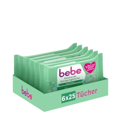 Abbildung von bebe Belebende Reinigungstücher (6 x 25 Tücher), gründlich reinigende Abschminktücher für Mischhaut mit Jojobaöl, milde Gesichtsreinigungstücher entfernen bis zu 99% wasserfestes Make up