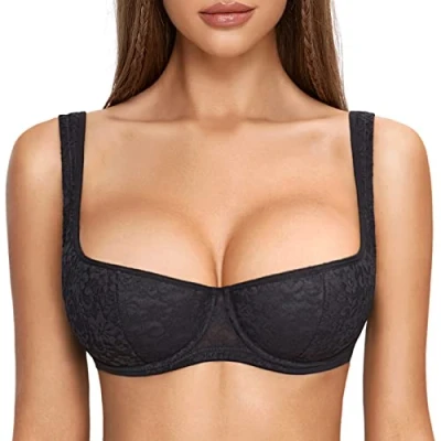Abbildung von DOBREVA Damen Push Up BH Dirndl Bügel Balconette Spitzen Sexy Leicht Gepolstert Große Größen Schwarz 95B