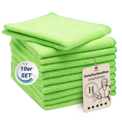 Abbildung von ZOLLNER 10er Set Mikrofasertücher für streifenfreien Glanz flusenfreie und saugstarke Reinigungstücher waschbar bis 60C 32x32cm in grün Hotelqualität