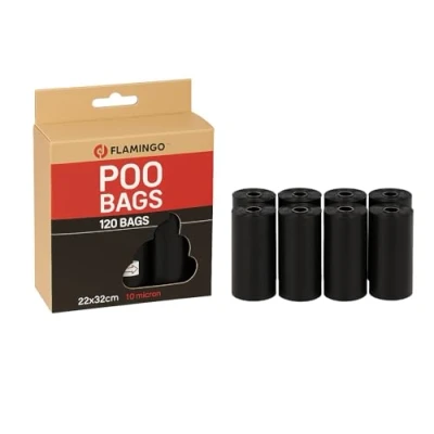 Abbildung von Kotbeutel für Hunde Extra stark &amp; langlebig 120 Stück biologisch abbaubar Schwarz 22x32 cm Flamingo