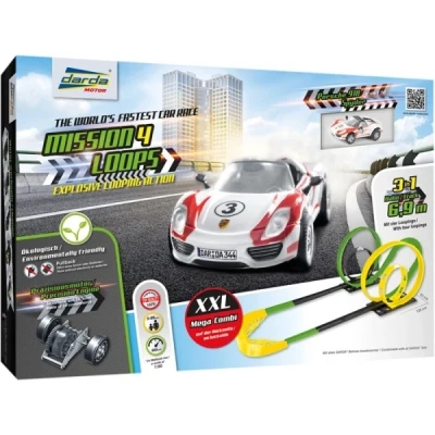 Abbildung von Darda 50255 Rennbahn Set Mission 4 Loops, Autorennbahn Autos, Rennstrecke ca. 6,90 Meter, Bahn mit Loopings, 1 Steilkurve und Rennwagen, Rennauto Spielset für Kinder ab 5 Jahre