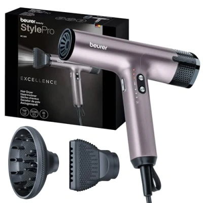 Abbildung von Beurer HC 100 Excellence Haartrockner, Föhn mit kraftvollem Digitalmotor, trocknet bis zu 20% schneller, leichtes Gewicht, besonders leise, Ionenfunktion für glänzendes Haar, inkl. Volumendiffusor