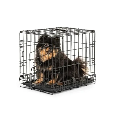Abbildung von lionto Tiertransportbox für Hunde und Katzen, vielseitiger Transportkäfig mit hygienischer Kunststoffwanne, 45x31x36 cm, Hundebox aus Metall stabilen Sicherheitsverschlüssen &amp; Trennwand, schwarz