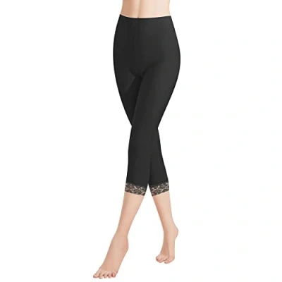 Abbildung von Libella Damen Leggings 3/4 Hose mit Spitze aus Baumwolle Capri Hohe Taille bunt Slim Fitnesshose Schwarz S 4166