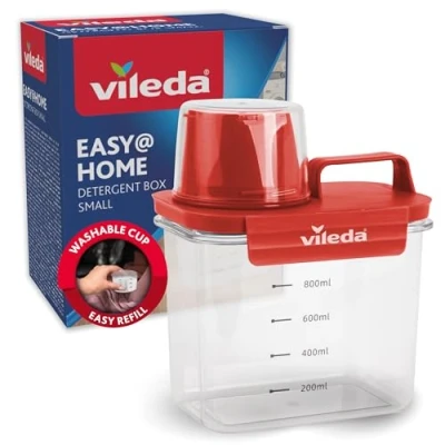 Abbildung von Vileda Waschmittelbox 1100ml rot Praktische Aufbewahrung für Waschpulver Inklusive Messbecher präzises Dosieren Luftdicht &amp; Platzsparend