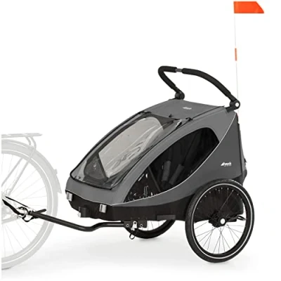 Abbildung von hauck 2in1 Fahrradanhänger &amp; Buggy für 2 Kinder ab 6 Monaten bis 120 cm oder 22 kg Dryk Duo inkl. Deichsel, Kupplung, Buggyrad, Wimpel Rücklicht, Zusammenklappbar, XL Kofferraum (Grey)