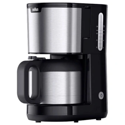 Abbildung von Braun PurShine KF1505 BK Filterkaffeemaschine, 1,2L Edelstahl Thermokanne für bis zu 9 Tassen, OptiBrew System, Tropf Stopp Funktion, schwenkbarer Filterkorb, Automatische Abschaltung, 1000W, Schwarz