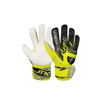 Abbildung von Reusch Attrakt Solid Junior griffige Torwarthandschuhe Kinder Jugendliche Fußballhandschuhe für Jungen und Mädchen geeignet alle Wetterbedingungen Spielfeldoberflächen, gelb Silber, 6