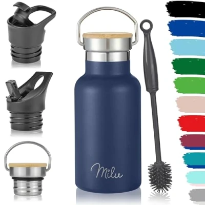 Abbildung von Milu Edelstahl Trinkflasche 350ml 500ml 750ml 1000ml (+3 Deckel) Thermosflasche mit Strohhalm Isolierte Wasserflasche für Kinder, Erwachsene, unterwegs, auslaufsicher (Navyblau, 350ml)