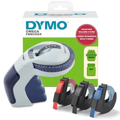 Abbildung von DYMO Prägegerät mit 3 Prägebändern Omega Beschriftungsgerät Starterset kleines Dreh klick System für zu Hause und Bastel Hobbyprojekte (£/, Ä, Ö Ü)