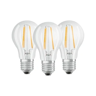 Abbildung von Osram LED Base Classic A Lampe, in Kolbenform mit E27 Sockel, nicht dimmbar, Ersetzt 6W=60 Watt, Filamentstil Klar, Kaltweiß 4000 Kelvin, 3er Pack
