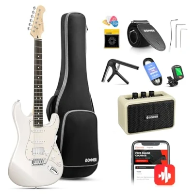 Abbildung von Donner E Gitarre Set 39 Zoll mit Ahorn Griffbrett, Gitarren Verstärker, Tasche, Capo, Gurt, Saiten, Tuner, Kabel und Plektren (Weiß)