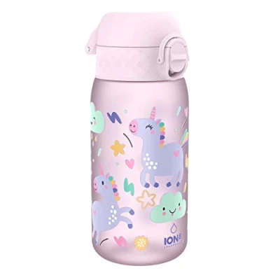 Abbildung von Ion8 Kinder Trinkflasche, 350ml, Auslaufsicher, Einhandöffnung, Sichere Verriegelung, Spülmaschinenfest, BPA frei, Tragegriff, Klappdeckel, Leicht zu Reinigen, Klimaneutral, Einhörner Design