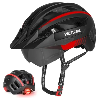 Abbildung von VICTGOAL Fahrradhelm MTB Mountainbike Helm mit magnetischem Visier Abnehmbarer Sonnenschutzkappe und LED Rücklicht Radhelm Rennradhelm für Erwachsenen Herren Damen (XL: 59 63cm, Black Red)