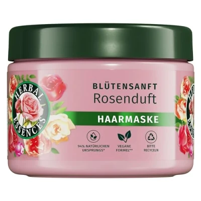 Abbildung von Herbal Essences Blütensanft Haarmaske Mit Rosenduft 300ml. Von stumpfem Haar zu seidig glänzendem Haare, Rosenessenz, Inhaltsstoffe natürlichen Ursprungs, Vegan