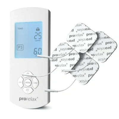 Abbildung von prorelax TENS/EMS Duo Comfort Elektrostimulationsgerät 2 Therapien Mit einem Gerät Natürliche Therapie gegen chronische Schmerzen und zum Muskelaufbau großem, beleuchteten Display