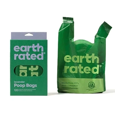 Abbildung von Earth Rated Hundekotbeutel, mit Henkeln, leicht zu verknoten und garantiert auslaufsicher, Lavendelduft, 120 Henkelbeutel