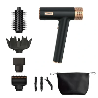 Abbildung von Shark SpeedStyle Haartrockner &amp; Gloss Finishing Aufsatz, Aufbewahrungstasche, Haarklammer, 5 Aufsätze, alle Haartypen, schnelles Trocknen, ohne Hitzeschäden, Schwarz/Kupfer HD353BKEU