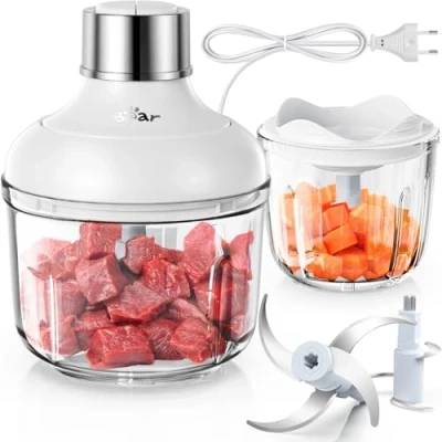 Abbildung von Bear 0.6L+2L Zerkleinerer Glas, 2 Geschwindigkeitsstufen, Häcksler mit 4 Edelstahlklingen und Fleischwolf, Glasbehälter für Fleisch,Babynahrung,Obst,Gemüse,Elektrisch Mini chopper