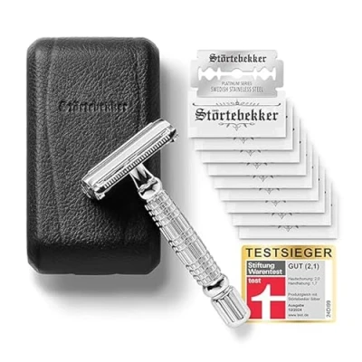 Abbildung von Störtebekker® Premium Rasierhobel &quot;Hamburg&quot; im handgefertigten Leder Etui Rasier Set mit 10 Rasierklingen, Reise &amp; eingebautem Spiegel Nassrasierer Vintage Look 2 seitigem Klingenkopf