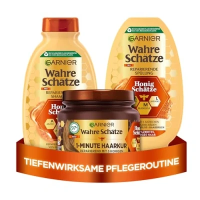 Abbildung von Garnier Wahre Schätze Haarpflege Set mit Akazienhonig, Manuka und Lavendel, Honig Shampoo (250 ml), Spülung (200 1 Minute Haarkur (340 3 teilig