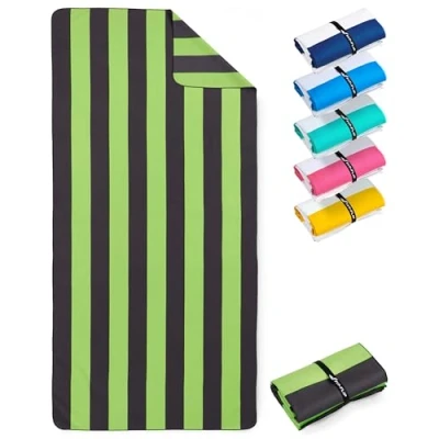Abbildung von Fit Flip Strandtuch XXL Mikrofaser Badetuch Strandtücher leicht und schnelltrocknend 100% recyceltes Handtuch Strandhandtuch zum Baden (Grün Dunkelgrau gestreift 200x90cm)