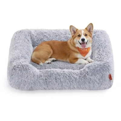 Abbildung von Feandrea Hundebett, Hundekissen, 91 x 68 18 cm, Hundekorb, weiche Polsterung, Hundesofa, erhöhte Ränder, Bezug abnehmbar und maschinenwaschbar, rutschfest, Ombré Grau PGW272G01