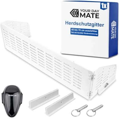 Abbildung von Herdschutzgitter Kindersicherung, 45 bis 70 cm ausziehbar, in Weiß, Set mit Backofentür Babysicherung, Herdschutz Gitter Scharnier Seitenflügeln, zusammenfaltbar und verstaubar, Kochfeld Abdeckung
