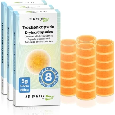 Abbildung von JB White 16 Trockenkapseln für Hörgeräte, Universal Kieselgel Trocknungskapseln mit Farbindikator, Trockentabletten Zubehör zum Trocknen von Hörgeräten (20% mehr Inhalt, 5g, einzeln versiegelt)