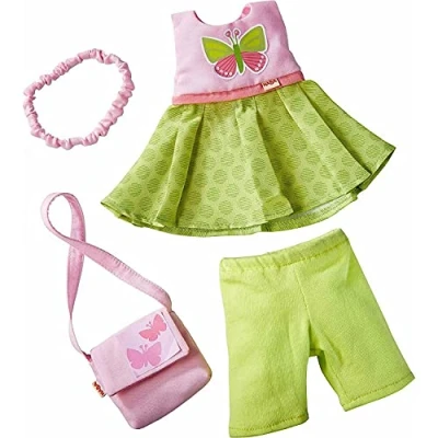 Abbildung von HABA 304253 Kleiderset Schmetterling, Set aus Kleid, Hose, Handtasche und Haarband, Puppenzubehör für alle 30 cm großen Puppen, ab 18 Monaten