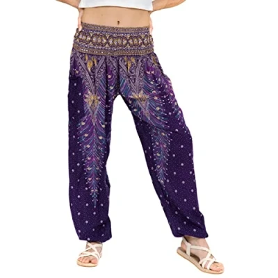 Abbildung von Lofbaz Damen Haremshose Yogahose Pumphose Hippie Hose Boho Kleidung Festival Outfit Sommerhose Leicht Sommer Hosen Peacock 1 Violett S