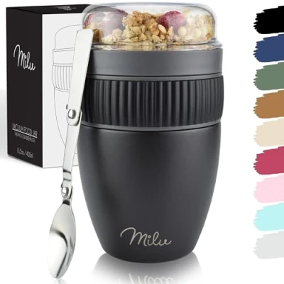 Abbildung von Milu Müslibecher to go 400ml MüsliMax I isolierter Edelstahl Joghurtbecher für Müsli auslaufsicherer Becher mit Löffel Yoghurt/Porridge (Schwarz)