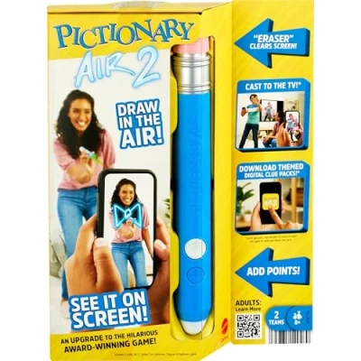 Abbildung von Mattel Games Pictionary Air 2 Zeichenspiel mit App, Familienspiel Lichtstift und Begriffskarten, zum Verbinden dem Smartphone oder Tablet, Scharade, für Spieler ab 8 Jahren, HNT74
